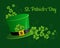 St. Patrick\\\'s Day illustration, leprechaun hat decorated with clover leaves. Postcard, holiday banner