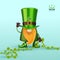 St. Patrick`s Day Irish gnome with clover for good luck. Realistic vector Leprechauns illustration for cards, banner, decor,