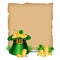 St.Patrick`s Day. Old paper and leprechaun hat with golden coins