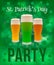 St. Patrick`s Day party banner with clover shamrock and beer glasses on a bright green background. Traditional irish vector