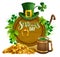 St. Patrick`s day party text greeting card. Gold coins, wooden barrel and mug beer, gold horseshoe, hat and leaves clover