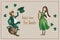 St. Patrick`s day postcard with watercolor girl in a green dress with a harp and leprechaun sitting on a pot of gold