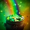 St. Patrick´s day, pot of gold at the end of the rainbow, green shamrock leaves, irish holiday, generative AI