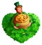 St. Patrick`s Day red gnome leprechaun holds pot of gold coins among clover heart shape