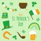 St. Patrick`s Day set. Vector illustration in flat style. Pot of gold, hat, pipe, beer, shamrock, rainbow and Irish flag