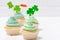 St. Patrick`s Day theme colorful horizontal banner. Cupcakes decorated with green buttercream and craft felt decorations in form