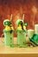 St Patrick`s Day on-trend holiday freak shakes with candy and lollipops.