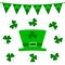 St. Patrick`s Day vector design elements set. Green hat with clovers and small flags on white.