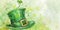 St Patrick's Day watercolor banner with green top hat with gold buckle on green background with splashes.