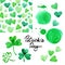 St. Patrick`s day watercolor illustration set. Collection of design elements isolated on white background. Vector illustration