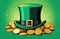 St. Patrick\\\'s hat with golden buckle, pile of coins under it on green background. Luck and richness