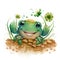 St. Patrick\\\'s smiling green crab with spring flowers. Watercolor cartoon.