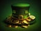 St Patrick'sday hat with gold coins on green background generative AI