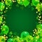 St Patricks Day background. Green balloons, shamrock clover leaves and gold coins on dark green backdrop. Vector.