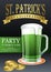 St. Patricks Day celebration party golden text on gray background with mug of green beer and Leprechauns gold coins treausure invi