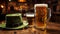 St. Patricks Day Composition with , Beer and Top Hat on Wooden Background, close-up