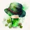 St Patricks day concept. Green beer, clover and green hat on white background. Watercolor Ai generative illustration.