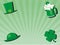 St patricks day greeting celebration background with green glass of beer, hats and shamrock