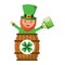 St. patricks day leprechaun inside on a barrel with a pint of beer in his hand