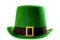 St Patricks day meme and March 17 concept with front view of a green parade hat with a belt and buckle isolated on white