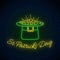 St. Patricks Day neon sign with leprechaun hat and gold. Green hat with treasure as Ireland national holiday symbol