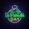 St Patricks Day is a neon sign. Symbol, logo with beer, neon banner, bright design in neon style, Festive illustration