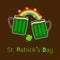 St Patricks Day Two green beer glass mug rainbow, coin and clover leaf. Flat design