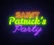 St. Patricks Party design template neon sign vector. Saint Patrick greeting card, Light banner, neon style, night bright