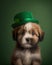 St. Patricks terrier puppy dog in a leprechaun hat on green background.
