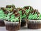 St. Patrickâ€™s Day cupcakes.  Chocolate cupcakes decorated with a heaping pile of green frosting with chocolate syrup poured over