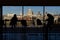 St Paul`s Cathedral and the Millennium Bridge taken from inside the Tate Modern Museum in London,