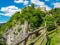 St Paul - Wooden fence with panoramic view of rock castle Rabenstein in Sankt Paul im Lavanttal, Wolfsberg, Carinthia