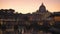 St. Peter`s Basilica in Vatican City on the Tiber River through Rome, Italy at dusk