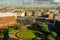 The St. Petersburg arial panorama with old historical streets and buildings is visible from the top of St. Isaac`s Cathedral.