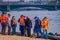 ST. PETERSBURG, RUSSIA, 17 MAY 2018: Tourist wearing life vest at the beach at Peter and Paul Fortress, is one of the