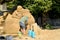 ST. PETERSBURG, RUSSIA.The author creates a sandy sculpture A children\'s dream