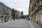 St. Petersburg, Russia, December 2019. Perspective of a pedestrian street in the city center overlooking St. Isaac`s Cathedral.