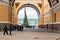 St. Petersburg, Russia, December 2019. View of the Christmas tree on Palace Square from under the arch of the General Staff Buildi