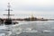 St. Petersburg, Russia, February 2020. Old ship, Neva river and view of the Peter and Paul Fortress.