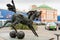 St. Petersburg, Russia, January 2020. A small bronze sculpture of a winged horse against the background of the city landscape.