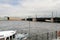 St. Petersburg, Russia, July 2019. View of the Palace Bridge and part of the Spit of Vasilyevsky Island from the pier of tourist s