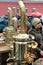 St. Petersburg, Russia, March 10, 2019. Fun traditional winter farewell, Russian tea from samovars, donuts, bagels and pancakes.