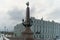 St. Petersburg, Russia, October 28, 2023. Rostral column with a double-headed eagle at the Trinity Bridge.