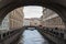 St. Petersburg, Russia - September 25, 2017: view of the canal with a small ship through the arch of the house