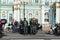 ST PETERSBURG, RUSSIA-September 26, 2020: Bikers and their passengers on Palace Square wait start of motoride, dedicated to