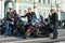ST PETERSBURG, RUSSIA-September 26, 2020: group of bikers in leather with their various bikes are on the Palace Square wait start