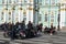 ST PETERSBURG, RUSSIA-September 26, 2020: group of bikers on various bikes are on Palace Square. They wait start of motoride,