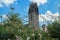 St. Salvator Church Duisburg behind a rose hedge, the Gothic basilica is today a Protestant city church, blue sky with white