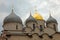 St. Sophia Cathedral in Veliky Novgorod, Russia. Sunlit church domes