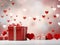 St Valentine Day banner with hearts and present boxes on light red bokeh background, love banner, greeting card